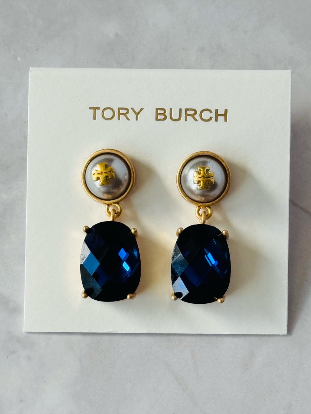 NWT Tory Burch Navy Crystal and Gold Logo Drop Earrings